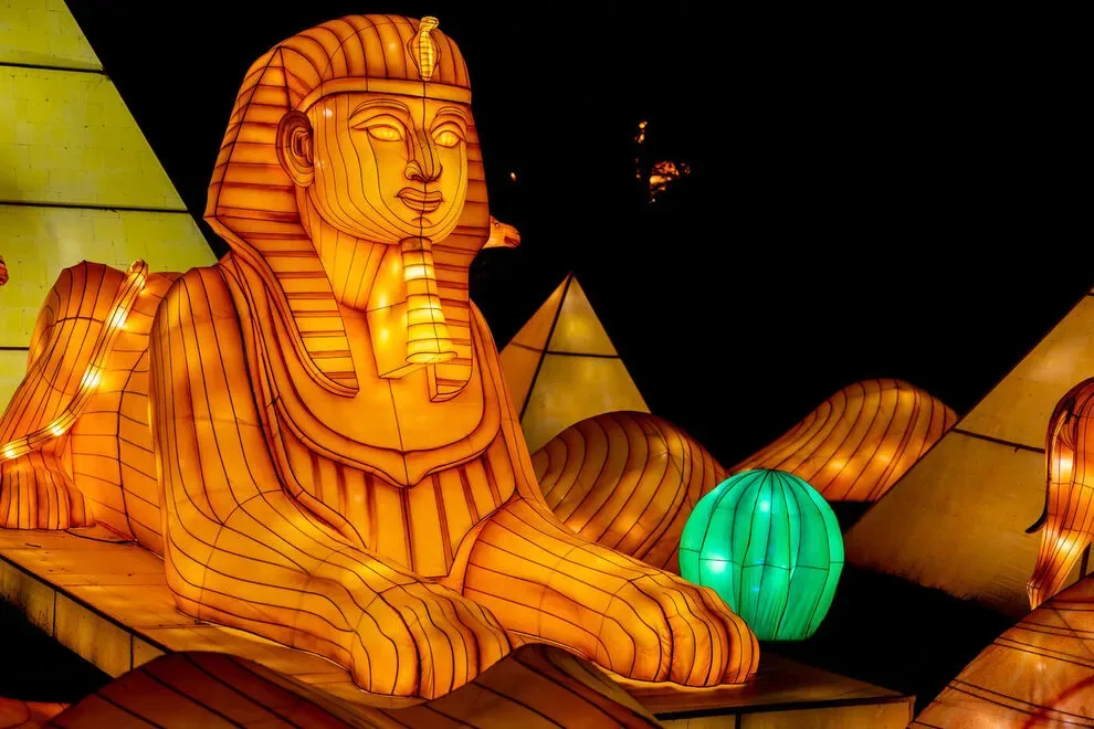 Illuminated sphinx and pyramid lanterns at the Memphis Zoo Lantern Festival