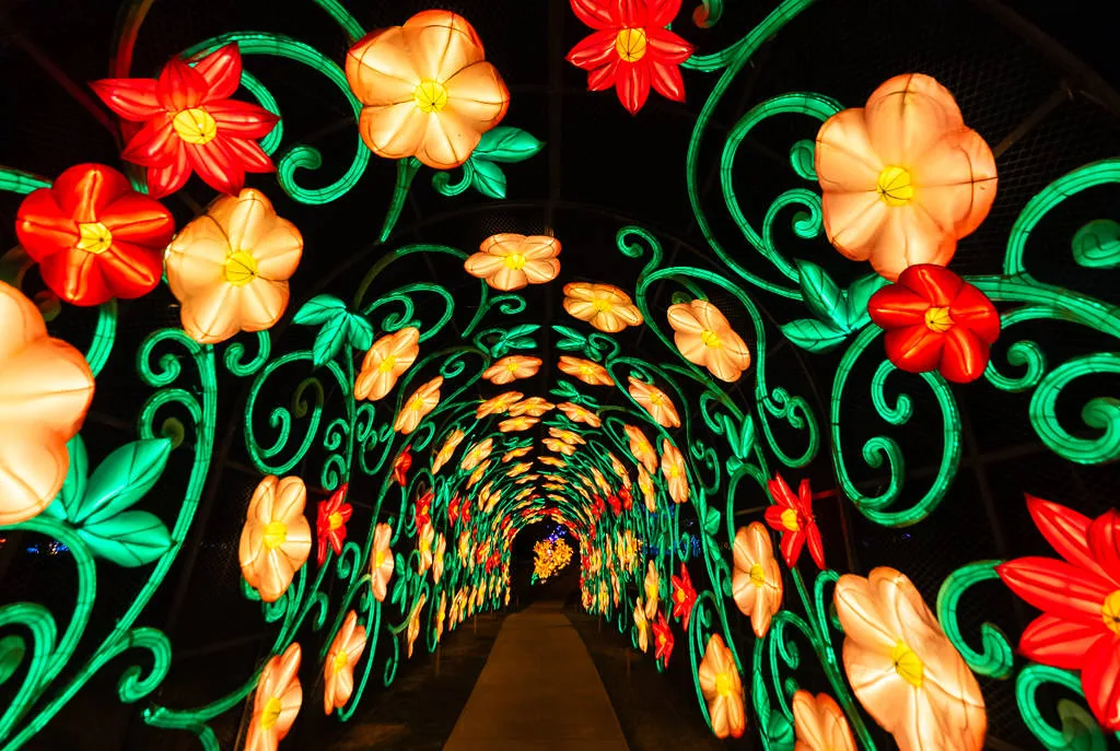 A brightly illuminated floral lantern tunnel at Radiant Nature in Houston