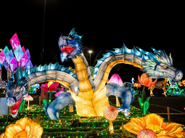 Colorful illuminated dragon lanterns at Wild Lights at Louisville Zoo
